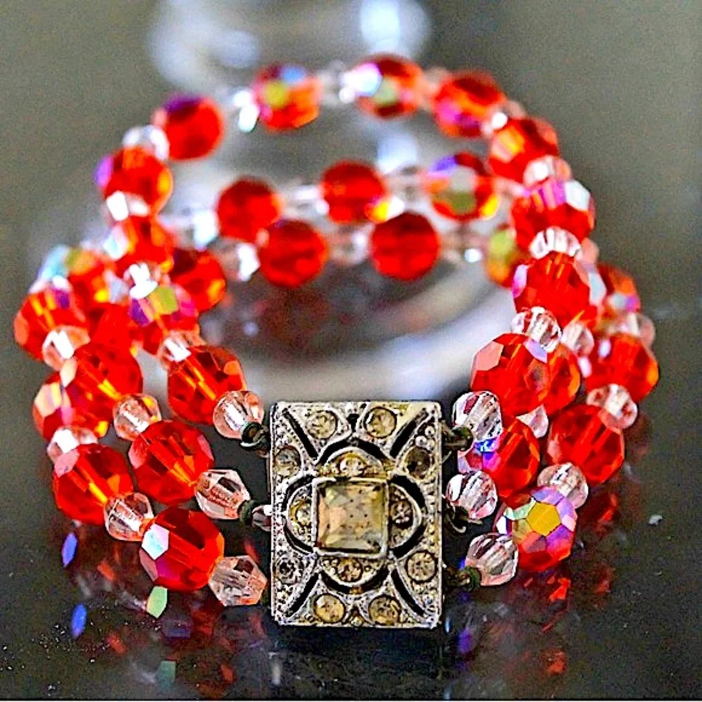 LAGUNA NECKLACE BRACELET EARRING VINTAGE 3PC SET ORANGE & CLEAR AURORA BOREALIS - Picture 3 of 11